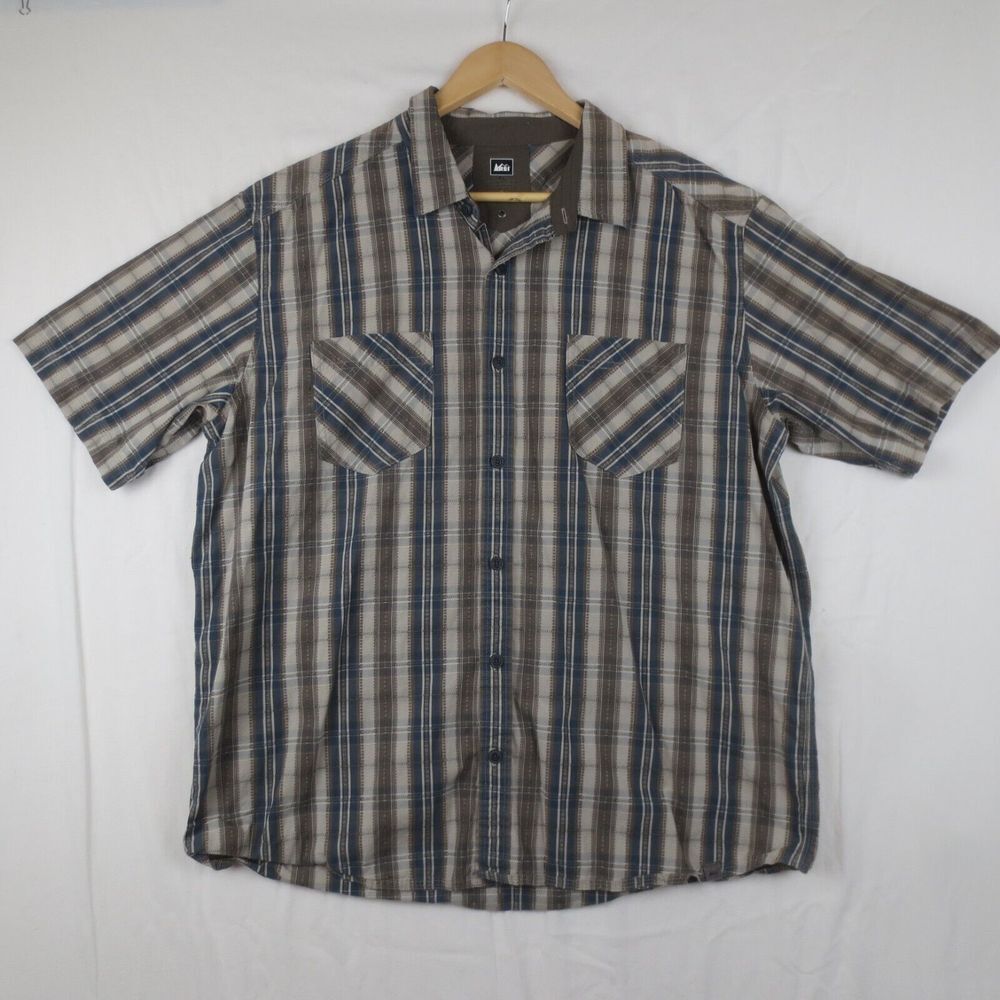 REI Shirt Mens XL Khaki Blue‎ Madrona Plaid Short Sleeve Organic Cotton Outdoor
